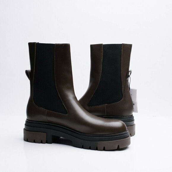 Zara Womens Chelsea Khaki Leather Ankle Boots Lug Soles EU 38 US 7.5 1176/810 - Picture 4 of 10